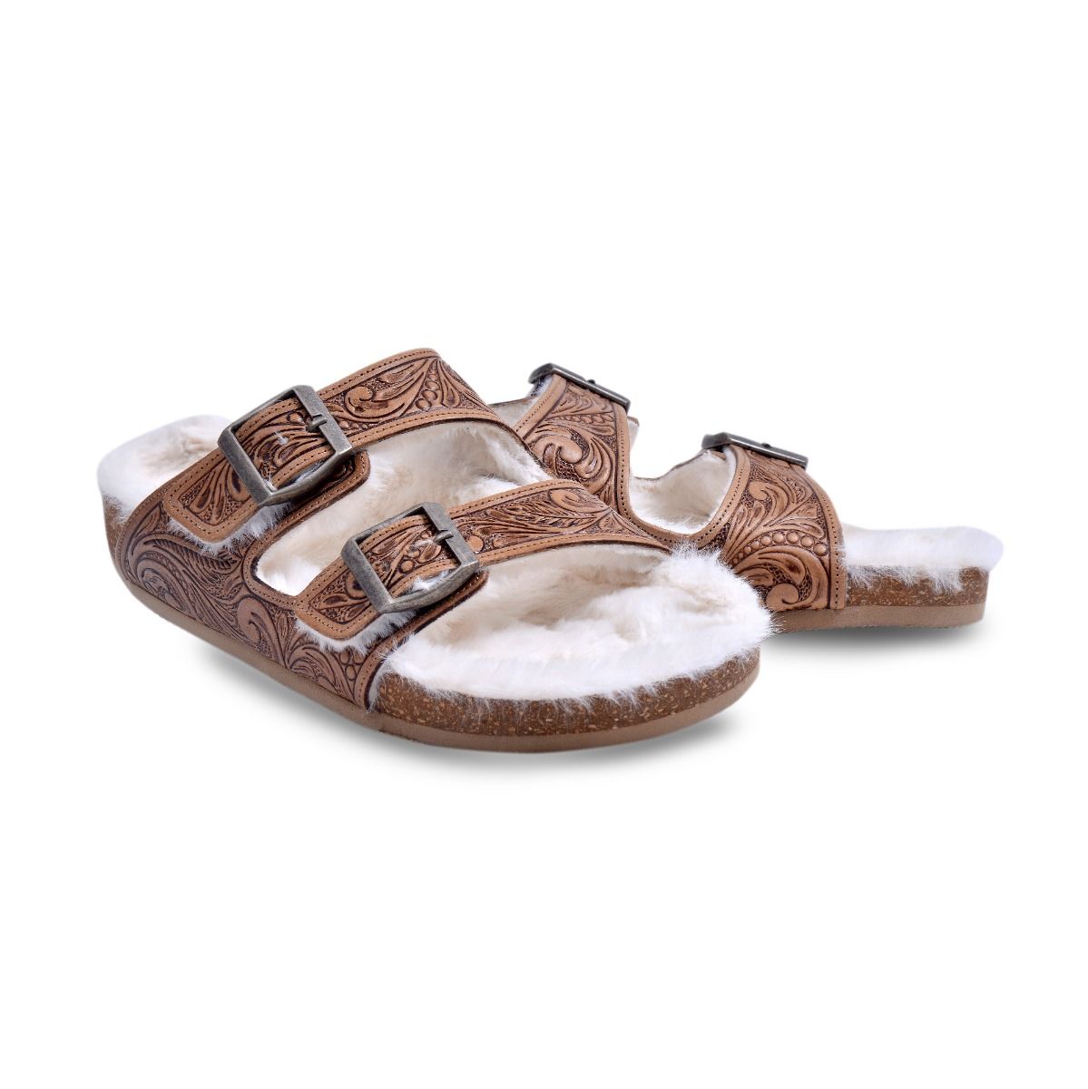 Myra Hand Tooled Leather Sandals - The Fur Lined Trail Winder