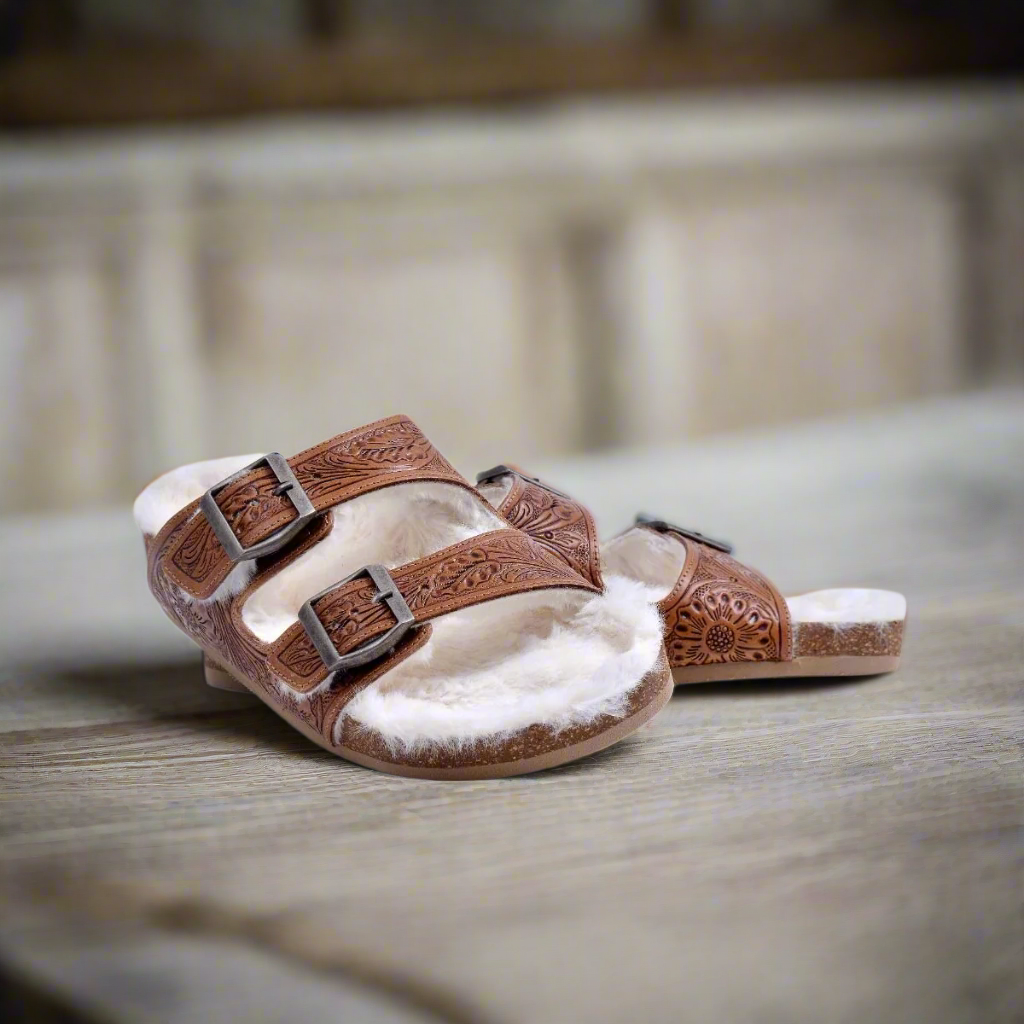 Myra Hand Tooled Leather Sandals - The Fur Lined Prairie Winds