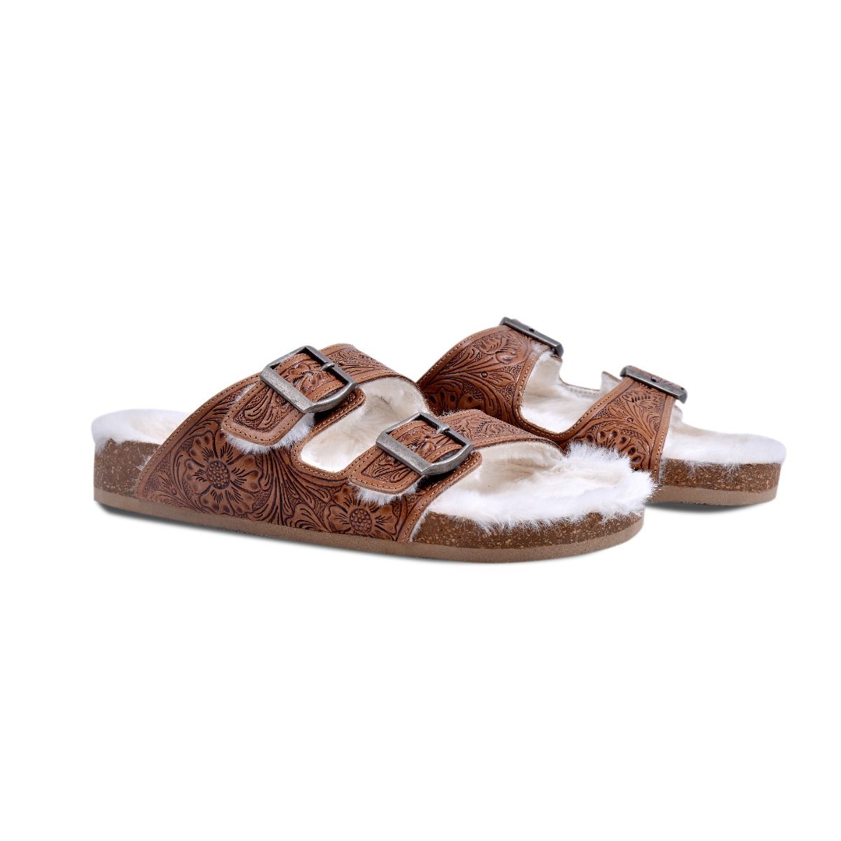 Myra Hand Tooled Leather Sandals - The Fur Lined Prairie Winds
