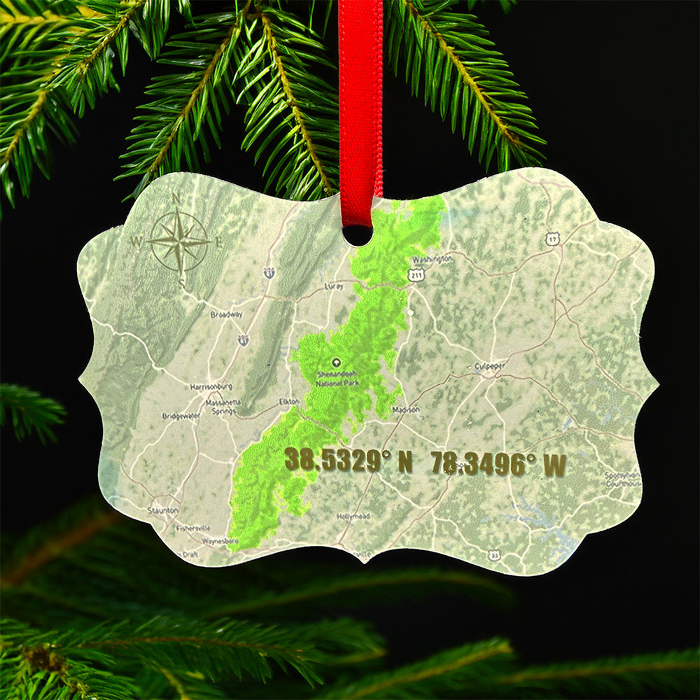 Shenandoah National Park metal ornament with red ribbon, featuring mountain landscape on front and park map with coordinates on back