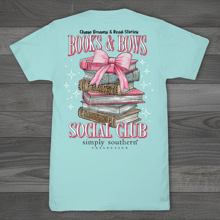 Simply Southern Books and Bows Social Club t-shirt back view in aqua with stacked books and pink bow graphic