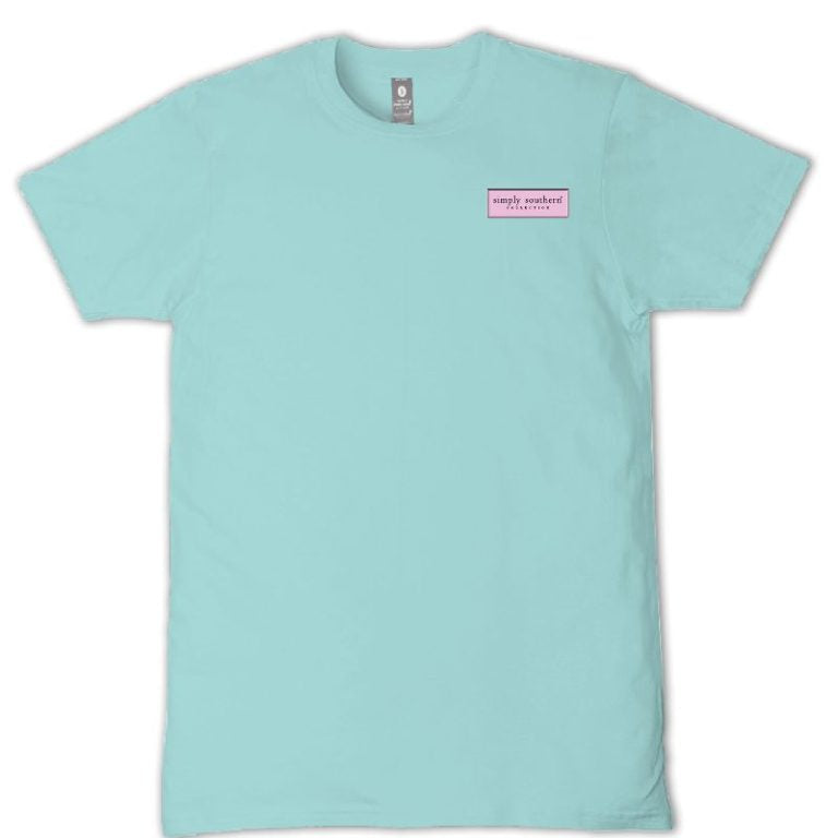 Simply Southern Books and Bows Social Club t-shirt front view in aqua with small chest logo