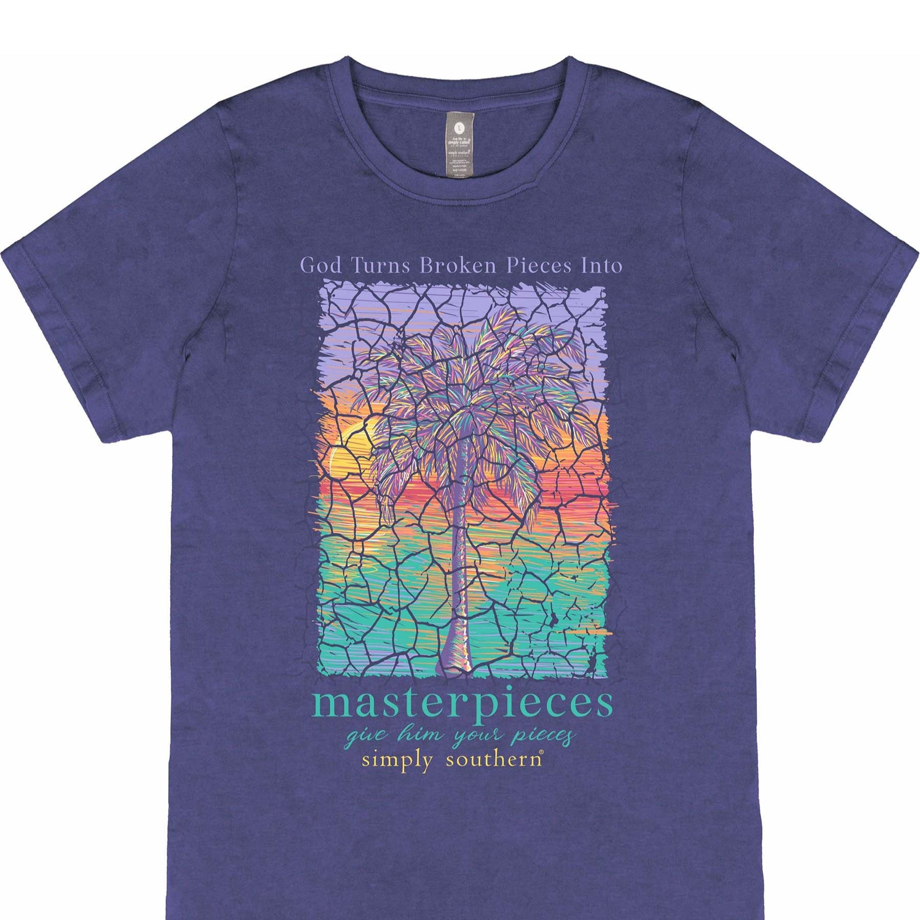Simply Southern Women's Mineral Washed T-Shirt - Stained Glass Palm Tree & "God Turns Broken Pieces into Masterpieces" Design