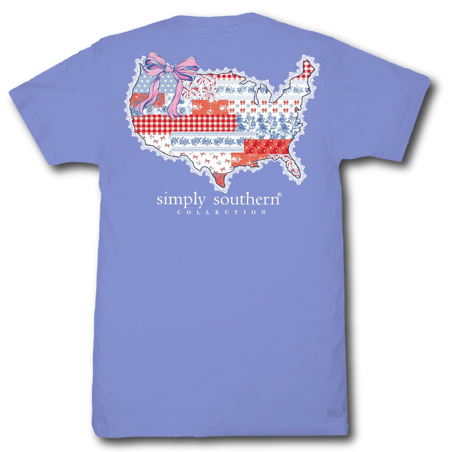 Simply Southern USA patchwork map bali blue short sleeve cotton tee with red white blue patterns and pink bow graphic