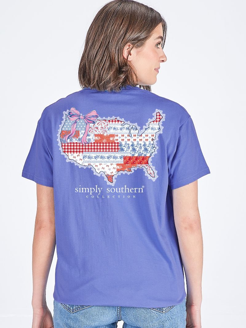 Simply Southern USA patchwork map bali blue short sleeve cotton tee with red white blue patterns and pink bow graphic