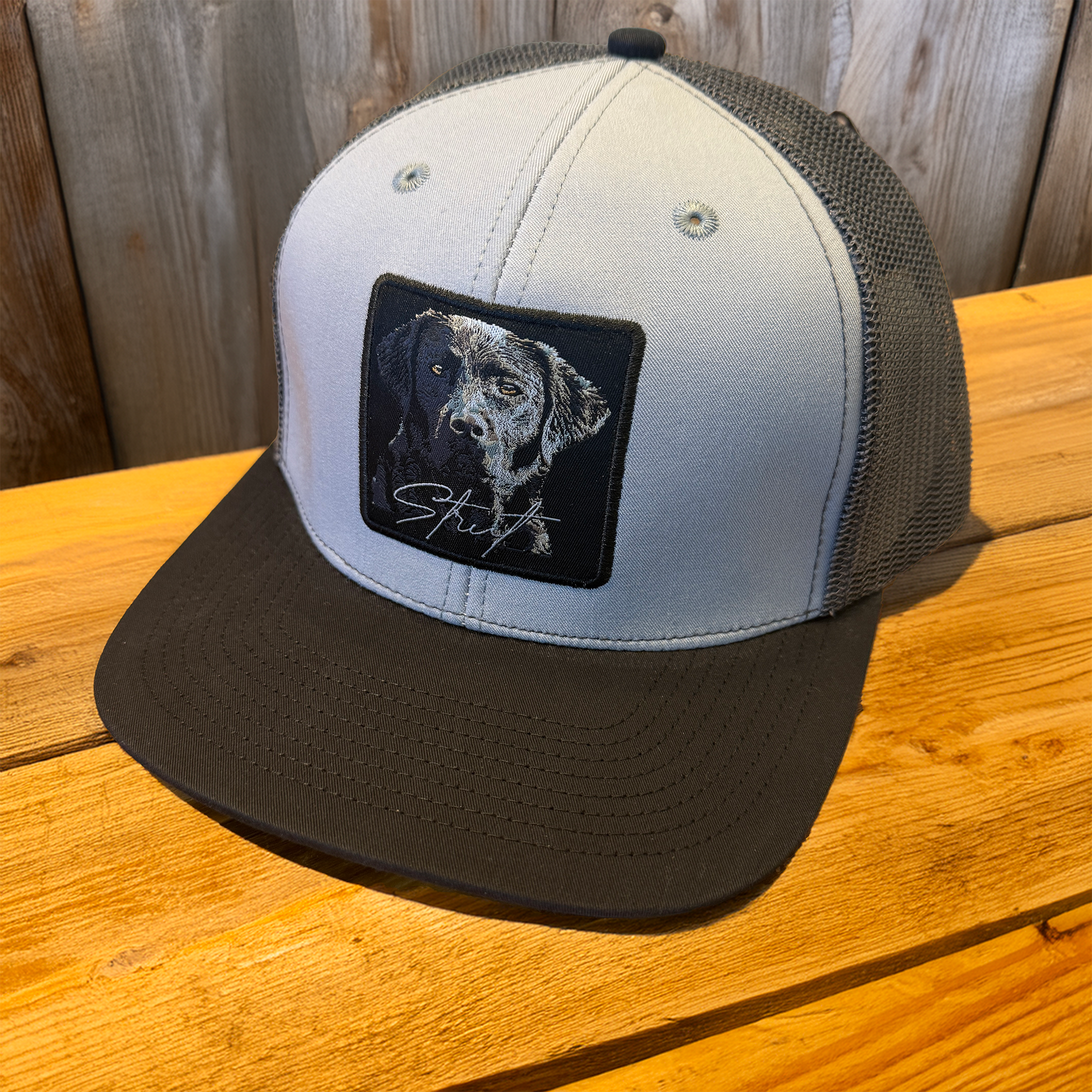 Southern Strut Grey and Black Lab Patch Snap Back Trucker Hat