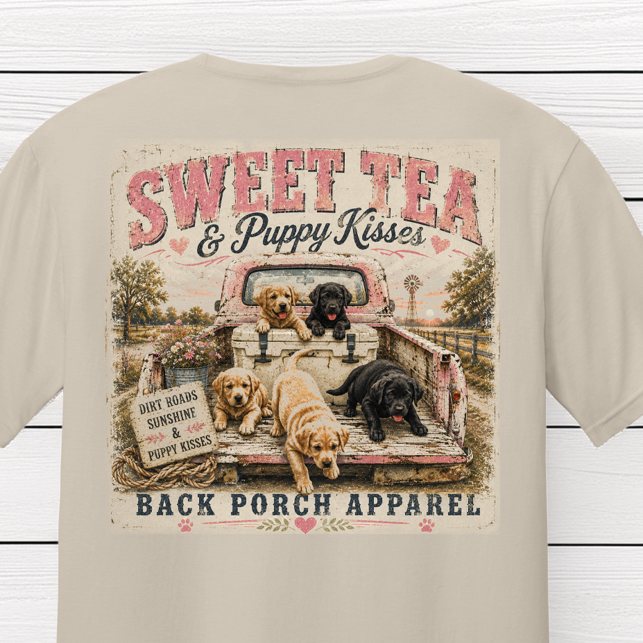 Country-inspired Labrador Retriever puppy artwork with vintage truck, dirt roads, sunshine and puppy kisses message