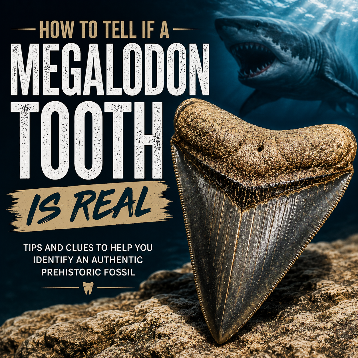 Megalodon tooth fossil with underwater shark and text reading “How to Tell if a Megalodon Tooth Is Real.”