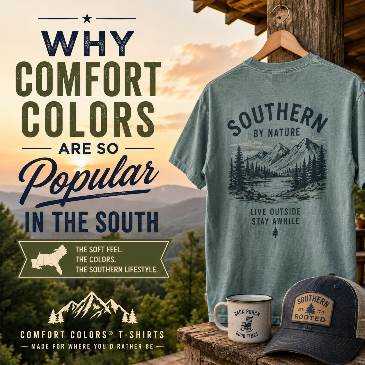Comfort Colors T-shirt hanging on a rustic porch overlooking Southern mountains, illustrating why Comfort Colors shirts are popular in the South.