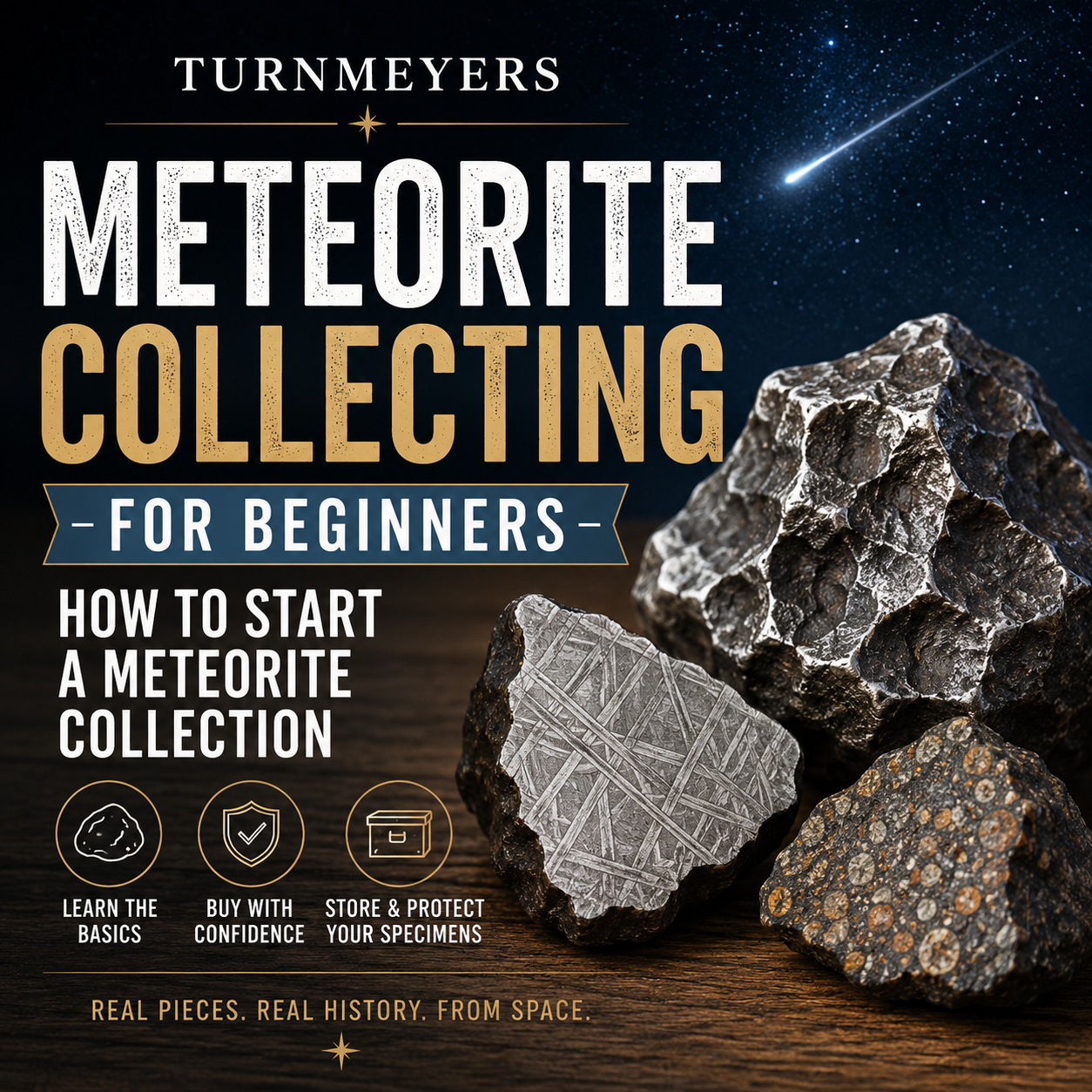 Square Turnmeyers blog graphic featuring iron and stony meteorite specimens beneath a star-filled sky and shooting meteor, with the title “Meteorite Collecting for Beginners: How to Start a Meteorite Collection.”