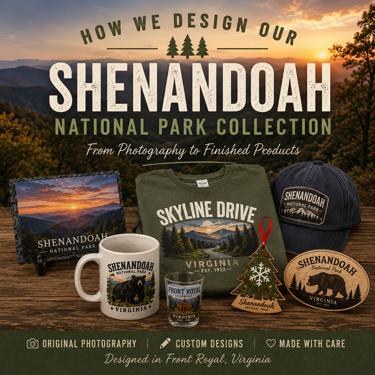 How We Design Our Shenandoah National Park Collection featured image showing original Turnmeyers souvenirs including Shenandoah National Park apparel, mugs, ornaments, shot glasses, photography and gifts inspired by the Blue Ridge Mountains.