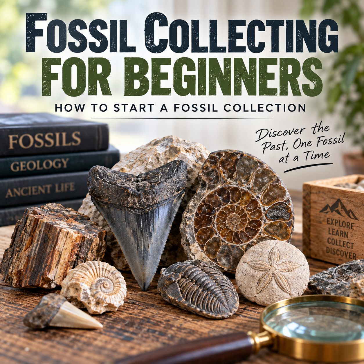 Fossil collecting for beginners graphic featuring a fossil shark tooth, ammonite, trilobite, petrified wood and other fossils with a magnifying glass and geology books.