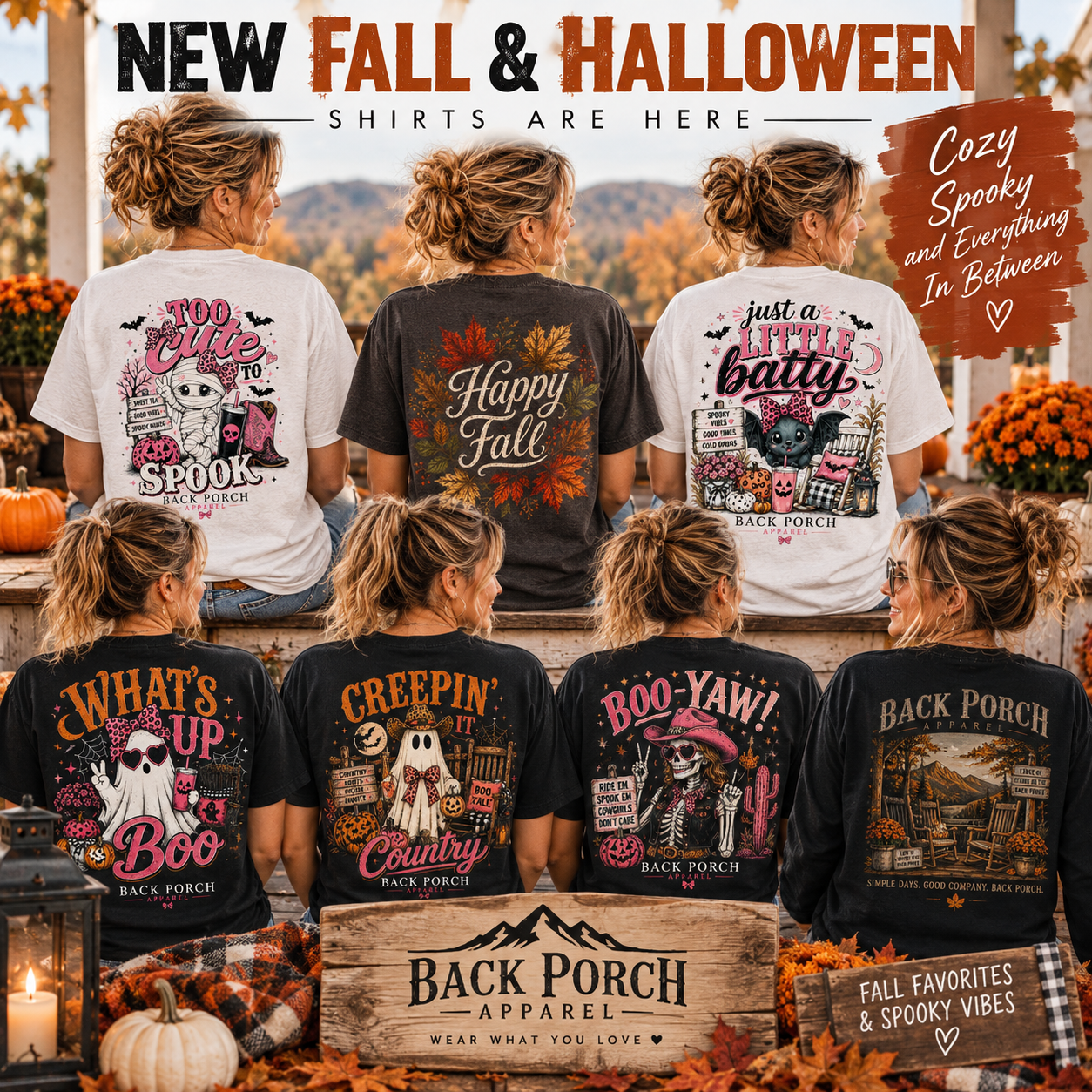 Back Porch Apparel fall and Halloween shirt collection featuring women wearing colorful ghost, pumpkin, western, and autumn graphic tees in a cozy fall porch setting.