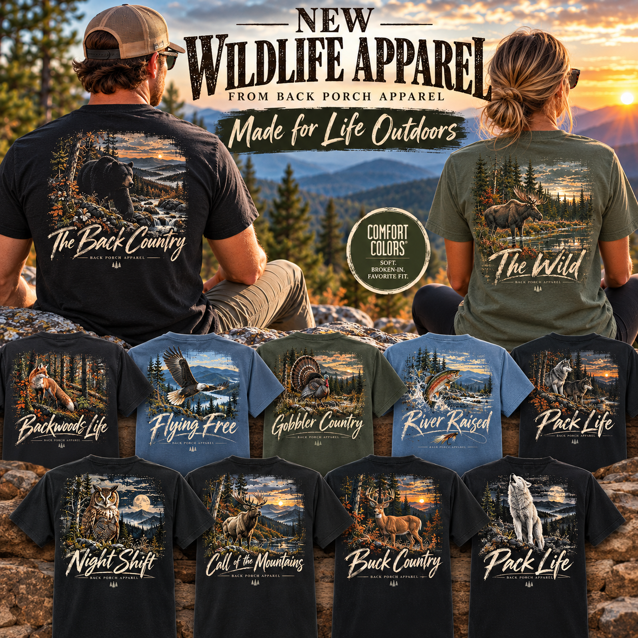 Back Porch Apparel wildlife Comfort Colors T-shirts featuring bear, fox, eagle, moose, turkey, trout, wolf, owl, elk and deer designs inspired by the outdoors.