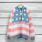 Simply Southern women’s pullover hoodie with white bow pattern, blue hood, and coral and gray striped sleeves