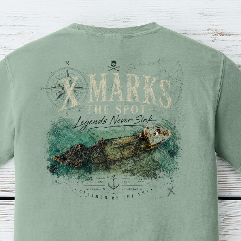 Shipwreck coastal graphic inspired by Aruba waters with vintage nautical artwork on a Comfort Colors Bay shirt.