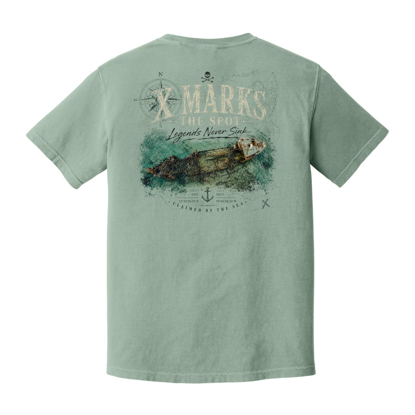 Back view of a Comfort Colors Bay shirt featuring vintage shipwreck coastal artwork and nautical design details.