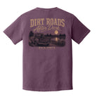 Back of a Berry Comfort Colors Dirt Roads After Dark graphic t-shirt by Back Porch Apparel featuring a vintage truck, dog, moonlit water, and distressed country-inspired artwork.