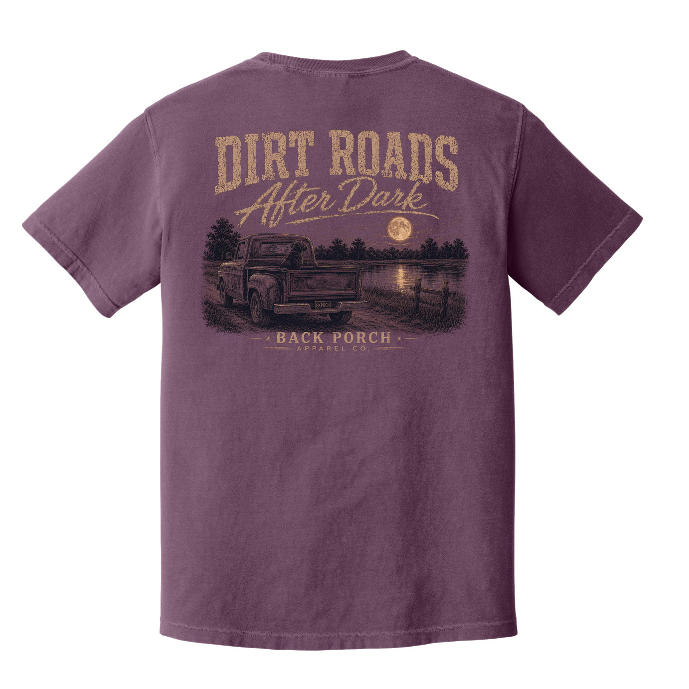 Back of a Berry Comfort Colors Dirt Roads After Dark graphic t-shirt by Back Porch Apparel featuring a vintage truck, dog, moonlit water, and distressed country-inspired artwork.