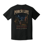 Back view of a black Comfort Colors Porch Life t-shirt with fireworks, American flags, and rustic patriotic porch artwork.