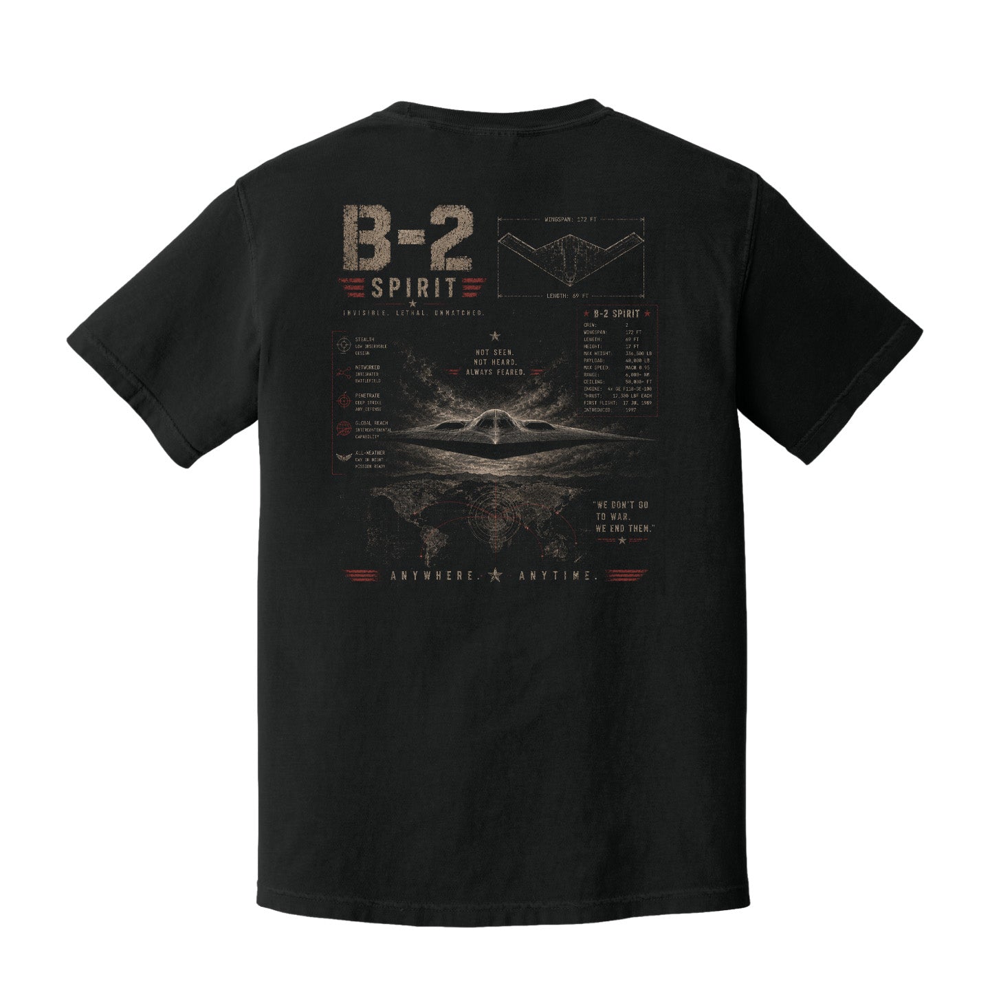Back view of a black Comfort Colors t-shirt featuring distressed B-2 Spirit stealth bomber artwork.