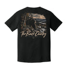A black short-sleeve t-shirt shown from the back, featuring a large graphic print of a bear in a mountain landscape with the text 'The Back Country' and 'BACK FOUR APPAREL 884'.