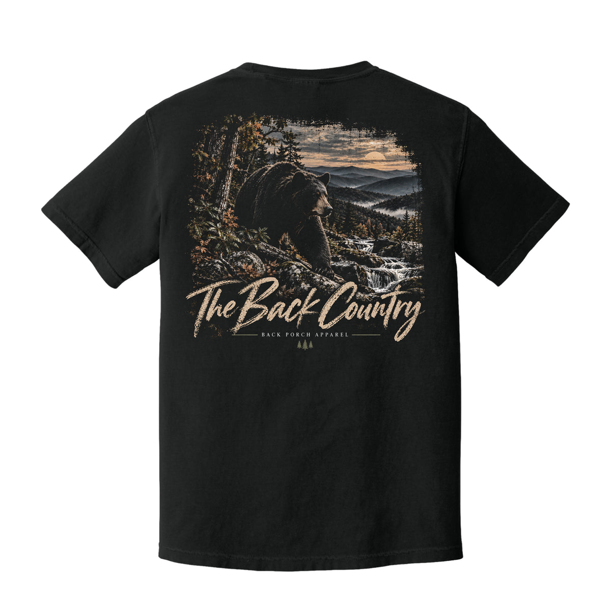 A black short-sleeve t-shirt shown from the back, featuring a large graphic print of a bear in a mountain landscape with the text 'The Back Country' and 'BACK FOUR APPAREL 884'.