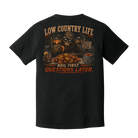 Back of Black Comfort Colors t-shirt featuring Bigfoot at a Low Country crawfish boil with the words "Boil First, Questions Later."