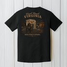 Black Comfort Colors t-shirt featuring a large distressed back graphic of Front Royal Virginia with the downtown gazebo and Bigfoot artwork by Back Porch Apparel.