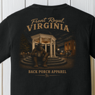 Distressed vintage Front Royal Virginia graphic featuring the downtown gazebo, Bigfoot character, and nighttime Shenandoah Valley small town scene.