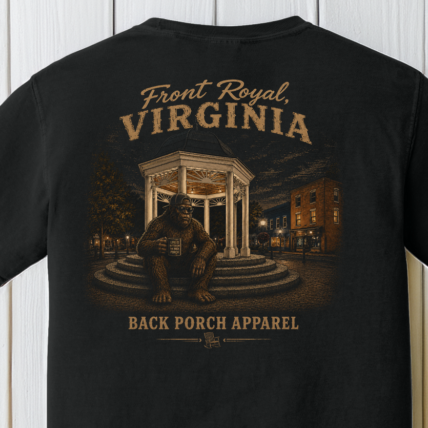 Distressed vintage Front Royal Virginia graphic featuring the downtown gazebo, Bigfoot character, and nighttime Shenandoah Valley small town scene.