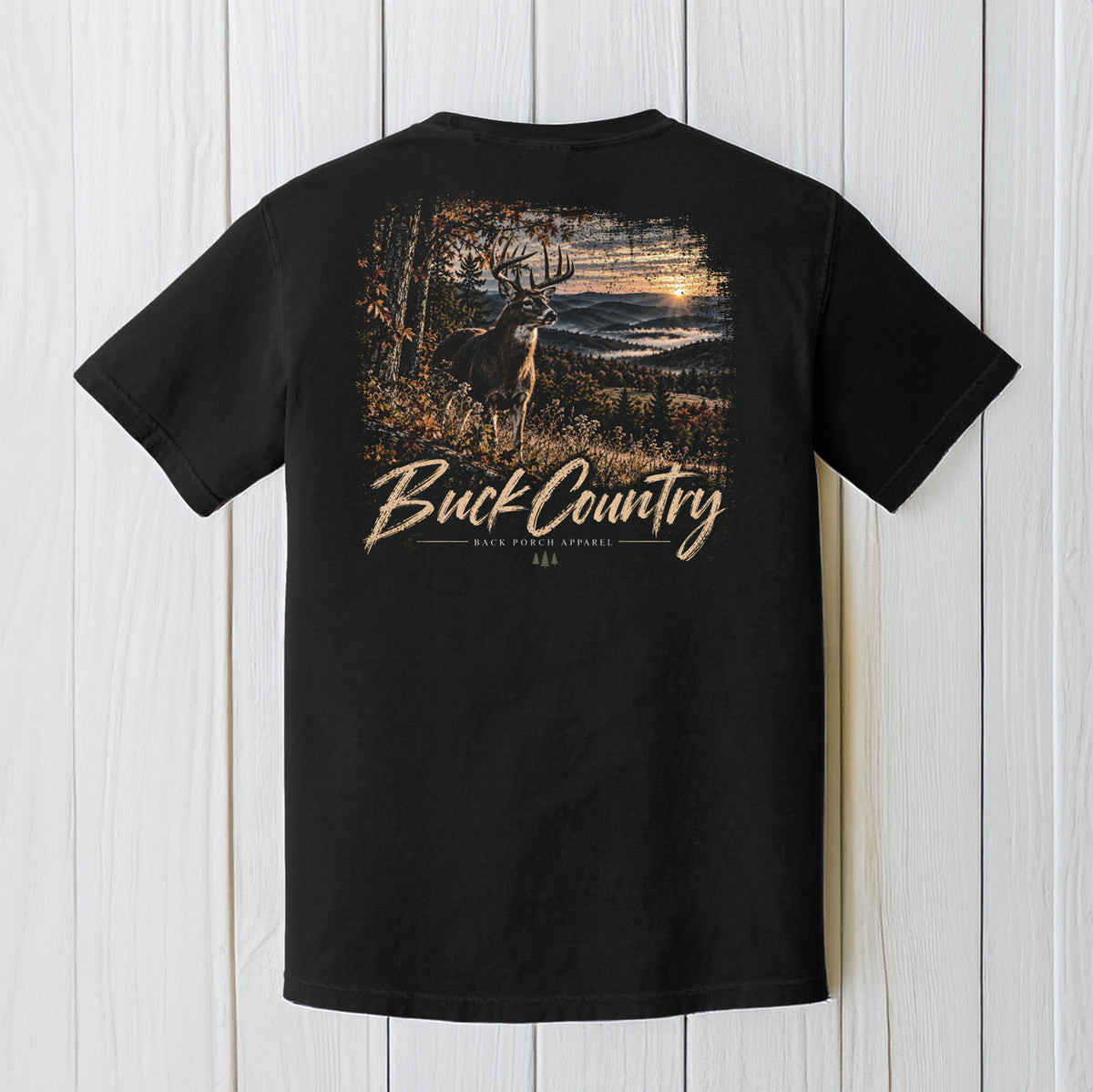 Back Porch Apparel buck Country Deer Comfort colors shirt on wood background