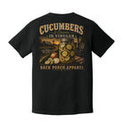 Back view of a black Comfort Colors t-shirt featuring a vintage southern cucumbers and onions in vinegar design with farmhouse sunset and porch life artwork by Back Porch Apparel.