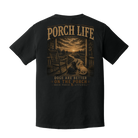 Back of Black Comfort Colors graphic t-shirt featuring two dogs on a country porch with a rocking chair and the phrase "Dogs Are Better on the Porch."