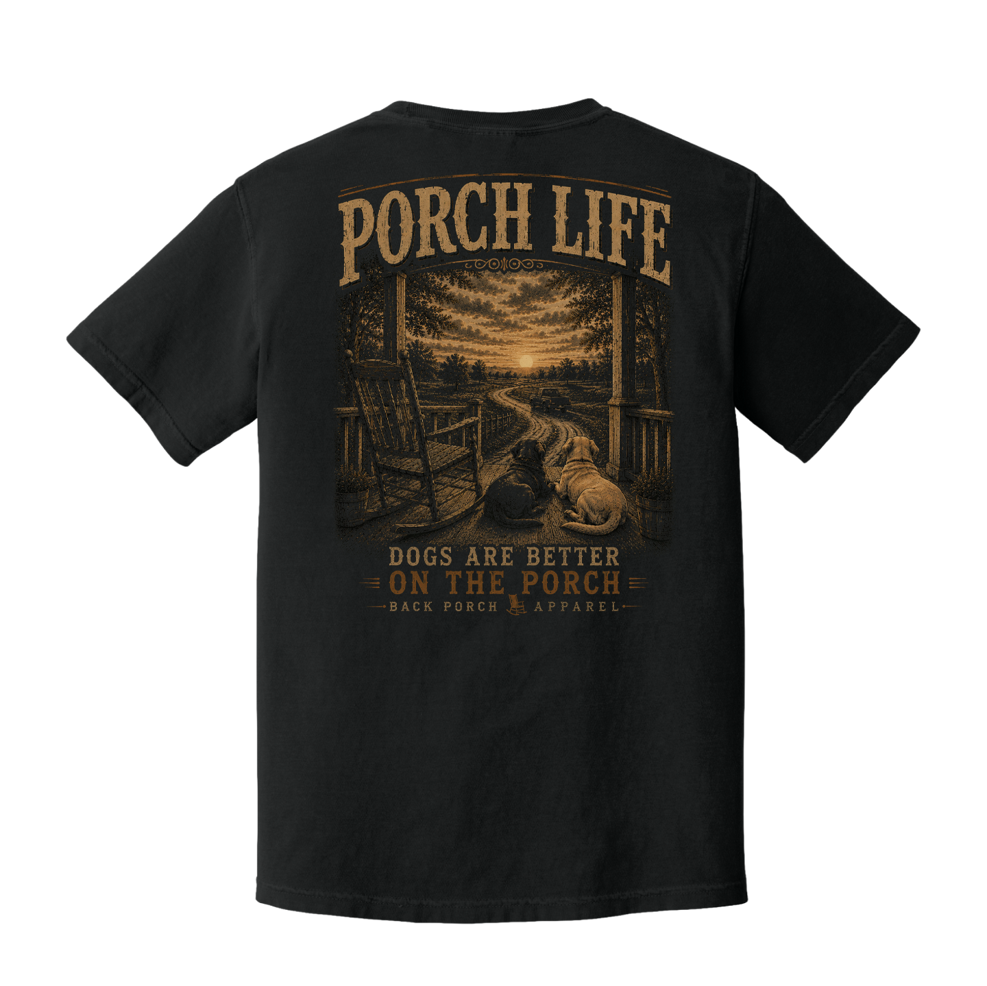 Back of Black Comfort Colors graphic t-shirt featuring two dogs on a country porch with a rocking chair and the phrase "Dogs Are Better on the Porch."