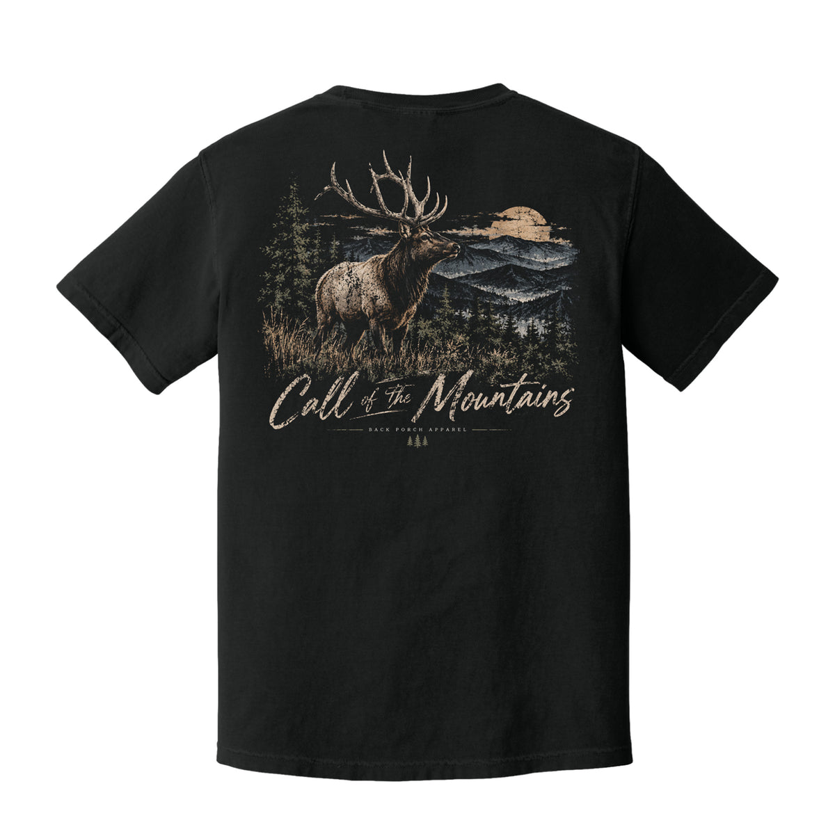 A black short-sleeve t-shirt shown from the back, featuring a large graphic print of a deer with antlers in a mountain landscape and the text 'Call of The Mountains' in a distressed script.