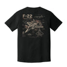 Back view of a black Comfort Colors t-shirt featuring distressed F-22 Raptor military aircraft artwork.