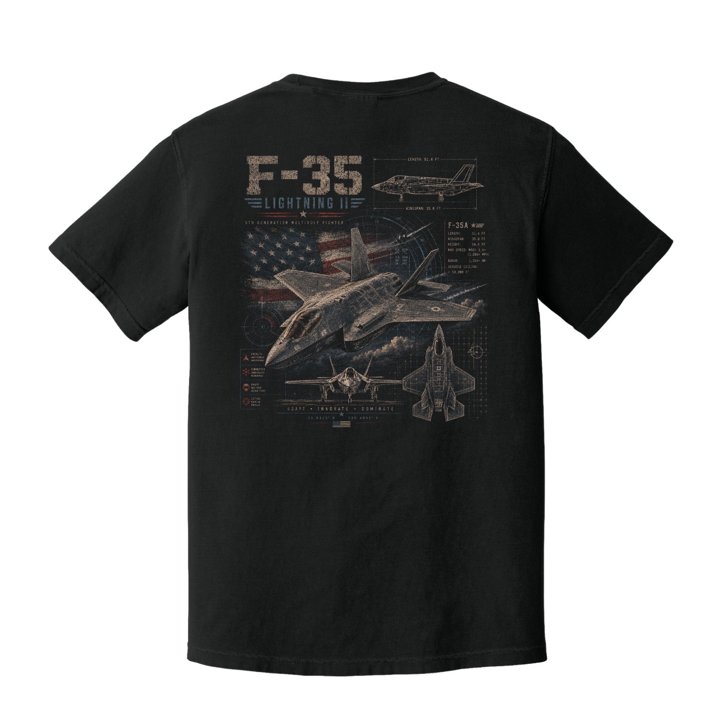 Back view of a black Comfort Colors t-shirt featuring distressed F-35 Lightning II military aircraft artwork.