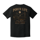 Back of Black Comfort Colors graphic t-shirt featuring a moonlit porch with a rocking chair and the phrase "Full Moons Are Better on the Porch."