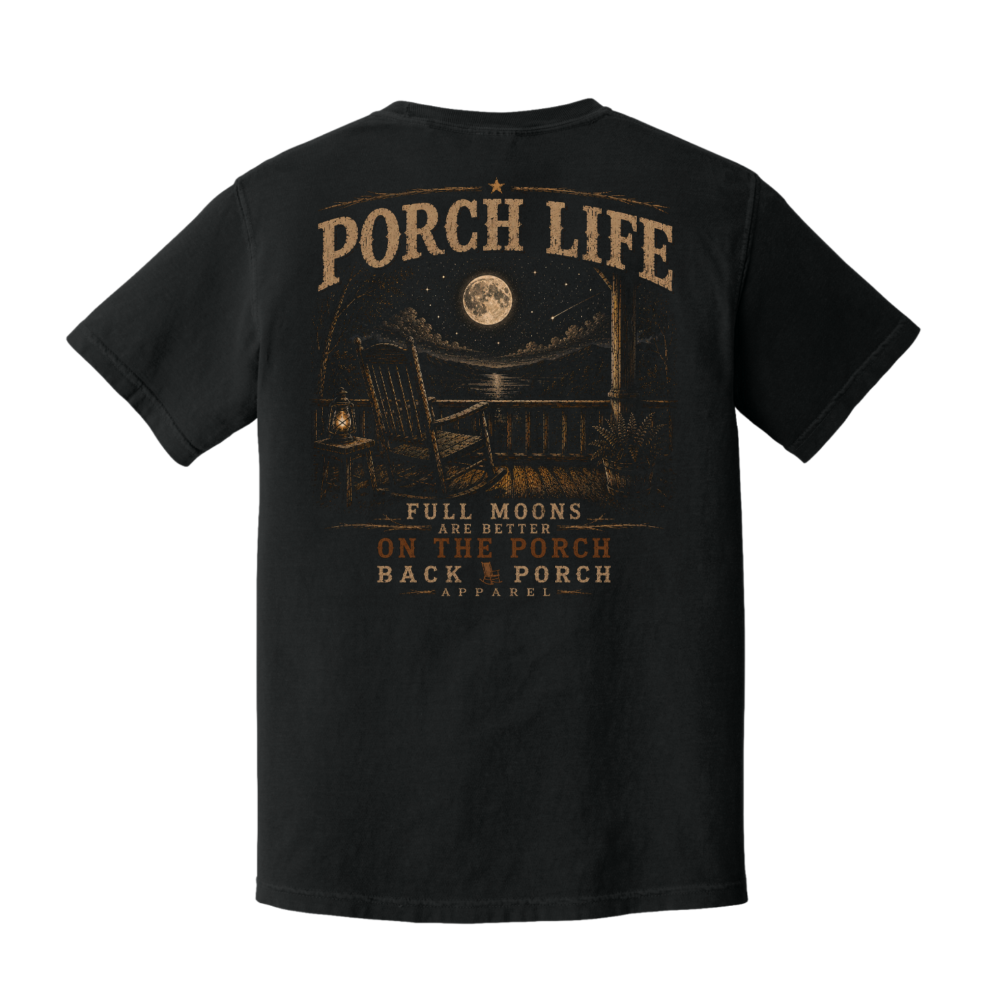 Back of Black Comfort Colors graphic t-shirt featuring a moonlit porch with a rocking chair and the phrase "Full Moons Are Better on the Porch."
