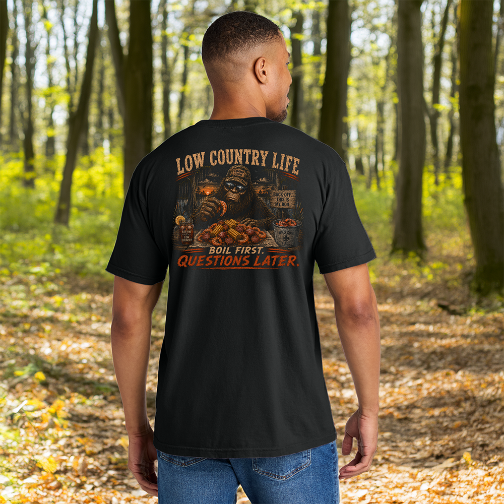 Model wearing a Back Porch Apparel Bigfoot Low Country Boil T-Shirt on Comfort Colors