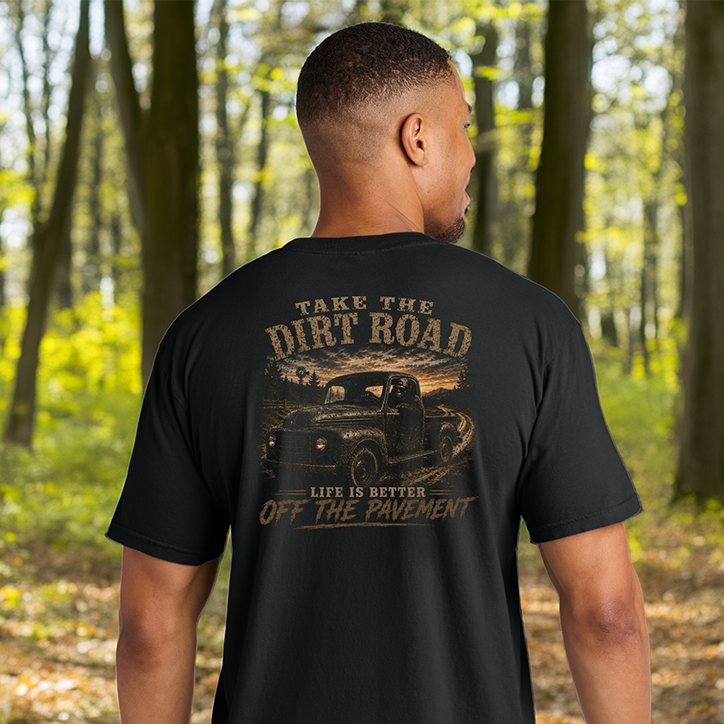 Model wearing a Back Porch Apparel Bigfoot Take the Dirt Road Comfort Colors T-Shirt