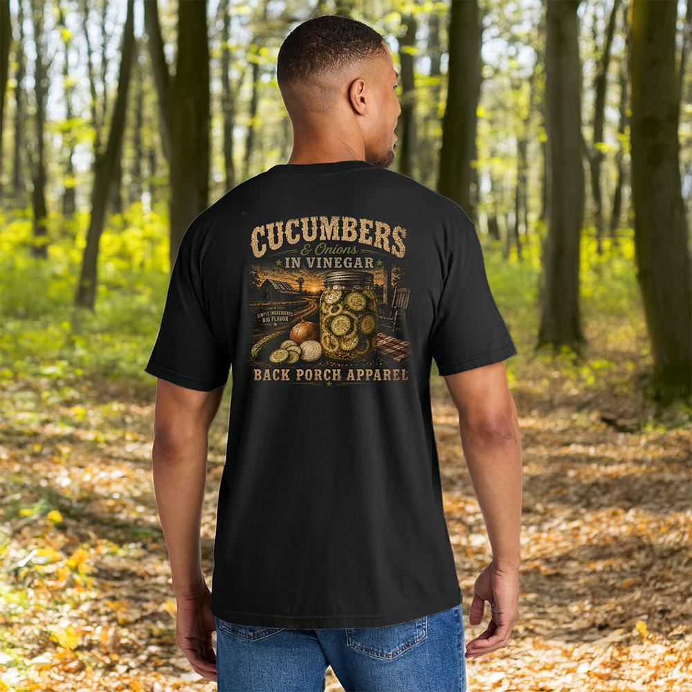 Model wearing a Back Porch Apparel Cucumbers and Onions in Vinegar Comfort Colors Shirt