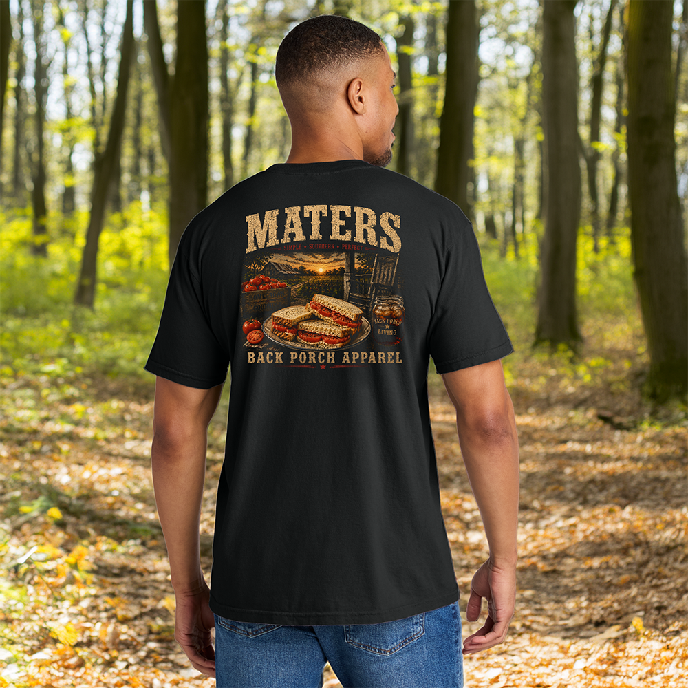 Model wearing a Back Porch Apparel Maters Tomatoe Sandwhich Comfort Colors Shirt