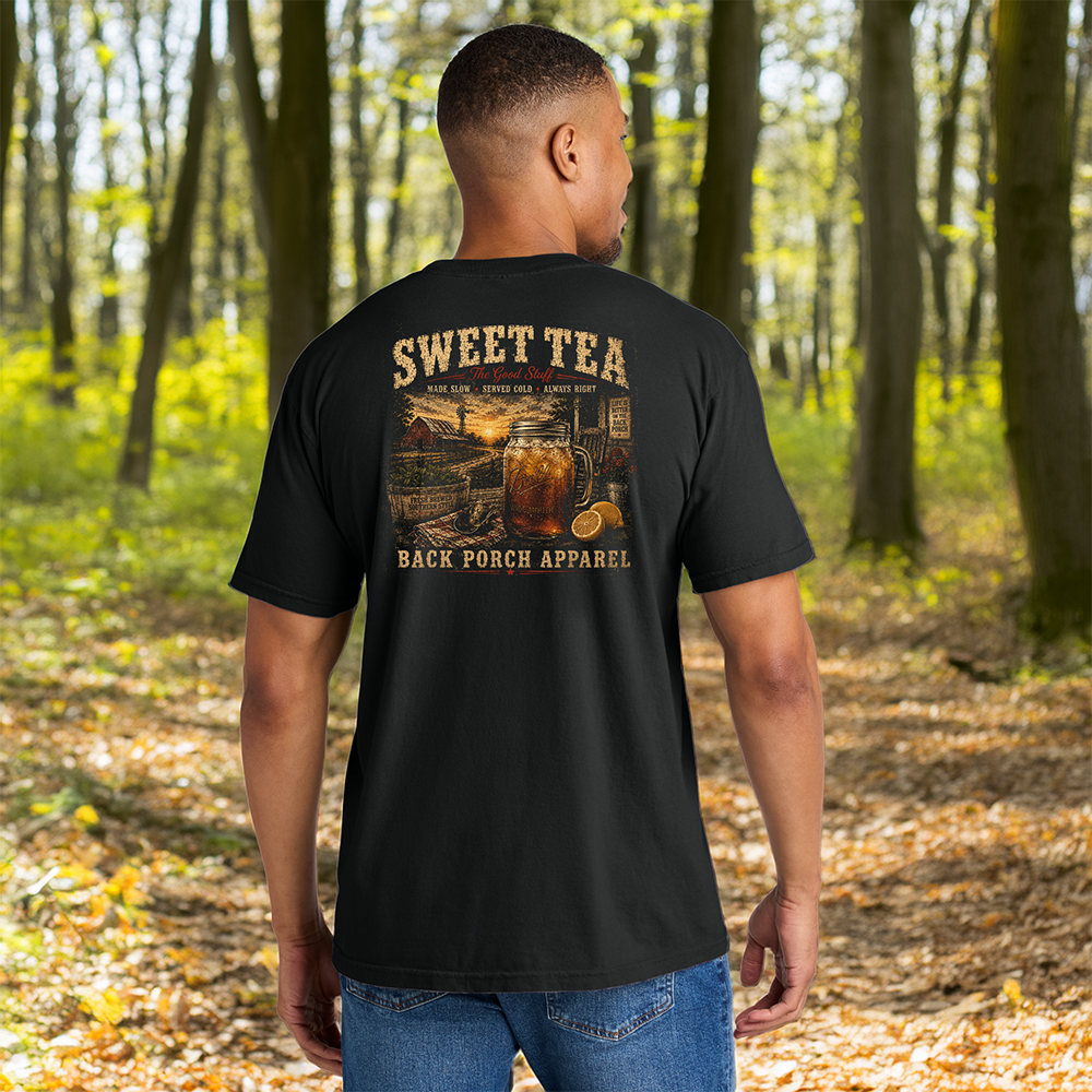 Model wearing a Back Porch Apparel Sweet Tea Comfort Colors Shirt