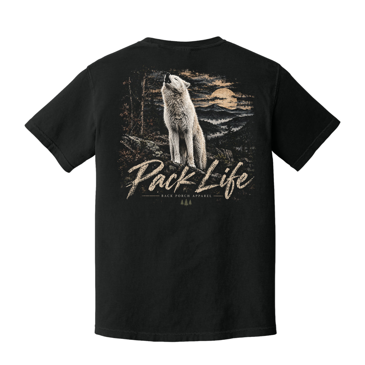 A  a black graphic t-shirt with a large back print of a howling wolf and the text 'Pack Life', photographed from behind against a mountain landscape.