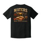 Back view of a black Comfort Colors t-shirt displayed on a white background featuring distressed tomato sandwich artwork with farmhouse porch life and southern country graphics by Back Porch Apparel.