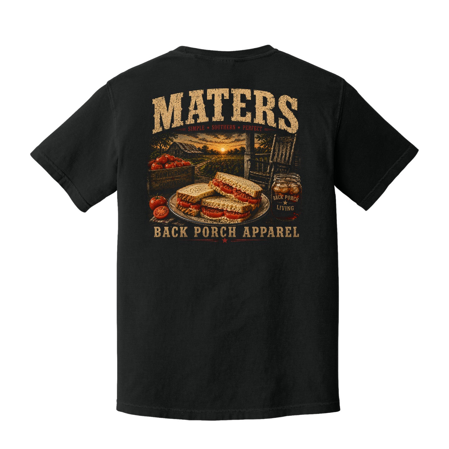 Back view of a black Comfort Colors t-shirt displayed on a white background featuring distressed tomato sandwich artwork with farmhouse porch life and southern country graphics by Back Porch Apparel.