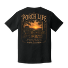 Back of Black Comfort Colors graphic t-shirt featuring a porch rocking chair, sunrise, coffee cup, and the phrase "Mornings Are Better on the Porch."