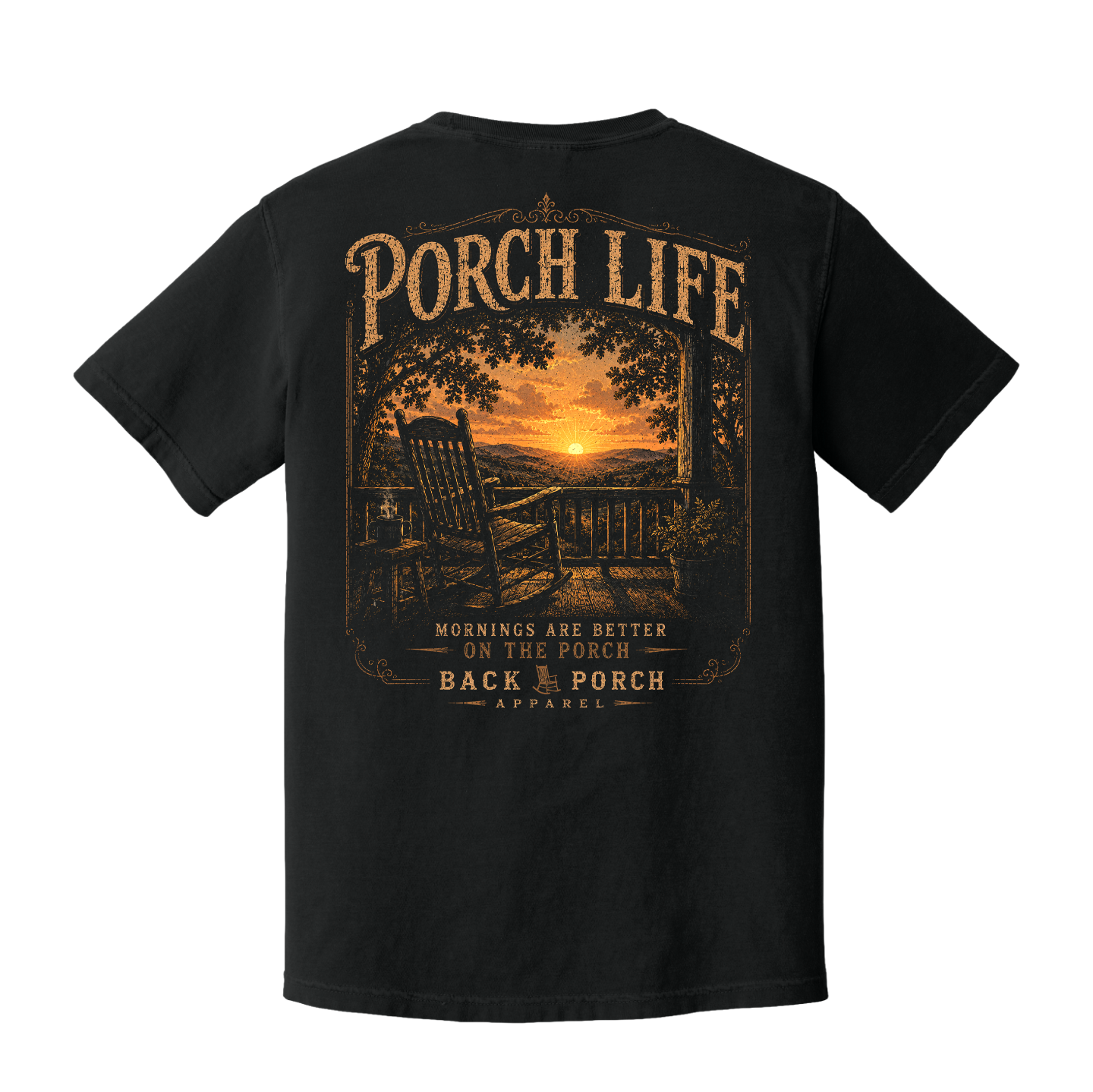 Back of Black Comfort Colors graphic t-shirt featuring a porch rocking chair, sunrise, coffee cup, and the phrase "Mornings Are Better on the Porch."
